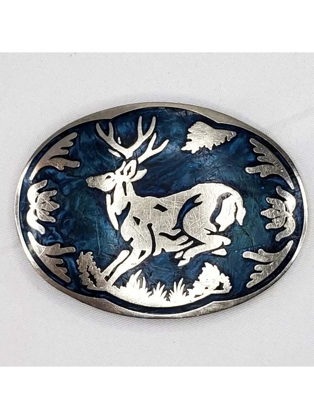 Buck Deer Stag Oval Belt Buckle Silver & Blue Inlay By Award Design Medals Inc.